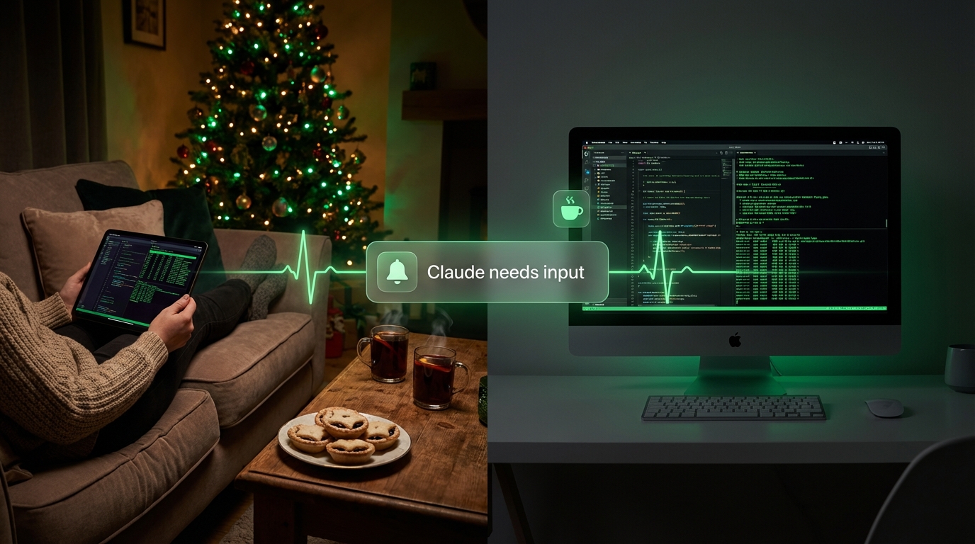 Person monitoring Claude Code from iPad on couch, connected to desktop workstation